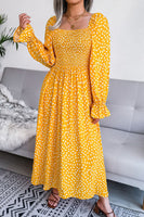 Printed Smocked Flounce Sleeve Maxi Dress