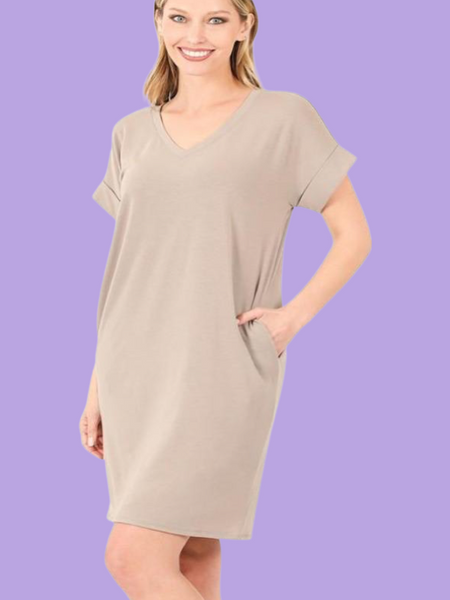 V-Neck T-Shirt Dress w/Rolled Sleeves