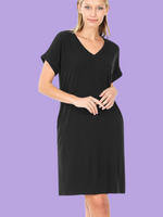 V-Neck T-Shirt Dress w/Rolled Sleeves