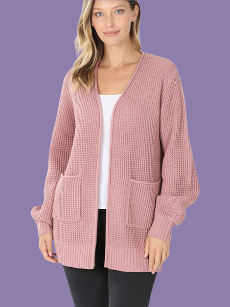 Waffle Open Knit Cardigan with Pockets