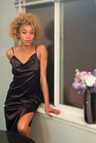 Satin Midi Slip Dress Inkwell Black - Lady Lavender Boutique LLC